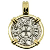 Italian 1139-1252, Crusader Cross denaro in 14k gold pendant.