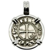Antioch 1163-1188, Crusader Cross denier in 14k white gold pendant.