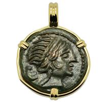 Greek 215-175 BC, Amazon warrior and Athena bronze coin in 14k gold pendant.