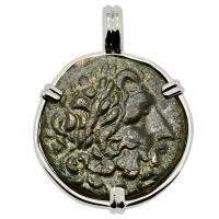 Greek 133-27 BC, God of Medicine Asclepius bronze coin in 14k white gold pendant.