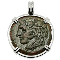 Greek Syracuse 278-276 BC, Hercules and Athena bronze litra coin in 14k white gold pendant.