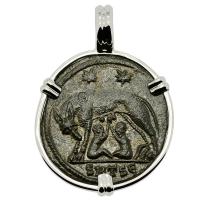 Roman Empire AD 330-336, She-Wolf Suckling Twins nummus in 14k white gold pendant. 
