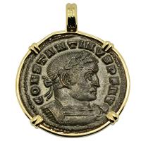Roman Empire AD 313–314, Constantine and Sol follis in 14k gold pendant.
