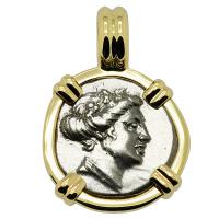 Greek 340-170 BC, Nymph Histiaia tetrobol in 14k gold pendant.