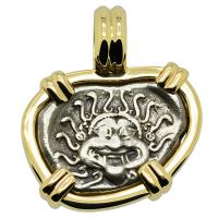 Greek 480-450 BC, Gorgon and anchor drachm in 14k gold pendant.