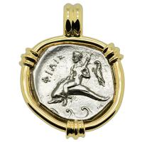Greek - Italy 290-281 BC, Taras riding Dolphin and Horseman nomos in 14k gold pendant.