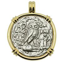 Greek 137-136 BC, Owl and Athena tetradrachm in 14k gold pendant.
