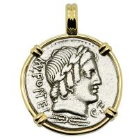Roman Republic 85 BC, Apollo and Infant Genius on Goat denarius in 14k gold pendant.