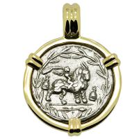 Roman Republic 85 BC, Cupid on goat and Apollo denarius in 14k gold pendant.