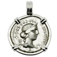 Roman Republic 82 - 81 BC, Anna Perenna and Victory chariot denarius in 14k white gold pendant. 
