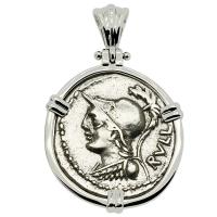 Roman Republic 100 BC, Minerva and Victory Chariot denarius in 14k white gold pendant.