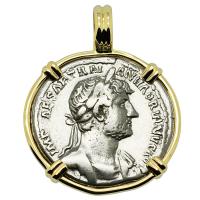 Roman Empire AD 121-123, Hadrian and Roma denarius in 14k gold pendant.