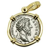 Roman Empire AD 167-168, Marcus Aurelius and Aequitas denarius in 14k gold pendant.