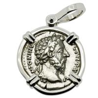 Roman Empire AD 170-171, Marcus Aurelius and Minerva denarius in 14k white gold pendant.