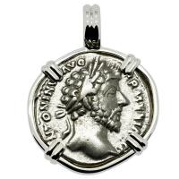 Roman Empire AD 163-164, Marcus Aurelius and Armenia denarius in 14k white gold pendant.