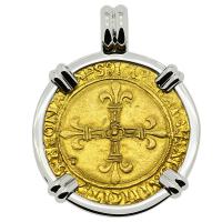French 1498-1514, Ecu d’or au Soleil in 14k white gold pendant.
