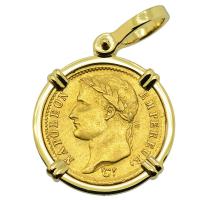 French Emperor Napoleon 20 francs dated 1808 in 18k gold pendant.