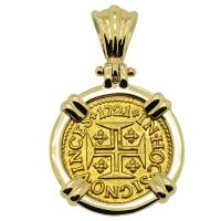 Portuguese 400 Reis dated 1721, with cross and crown in 14k gold pendant.