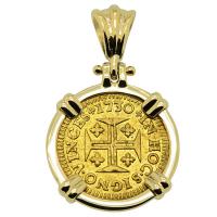 Portuguese 400 Reis dated 1730, with cross and crown in 14k gold pendant.