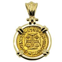 Portuguese 400 Reis dated 1739, with cross and crown in 14k gold pendant.