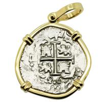 Colonial Spanish Peru, King Charles II one real dated 1696, in 14k gold pendant.