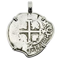 Colonial Spanish Peru, King Charles II two reales dated 1692, in 14k white gold pendant.