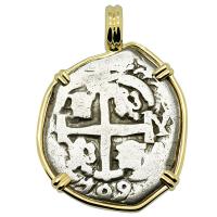 Colonial Spanish Peru, King Philip V two reales dated 1709 in 14k gold pendant.