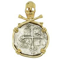 Spanish 4 reales 1618-1621, in 14k gold skull and bones pendant, 1622 Portuguese Shipwreck, Mozambique, Africa.