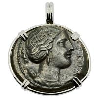 Greek Syracuse 317-289 BC, Artemis and winged lightning bolt bronze litra coin in 14k white gold pendant.