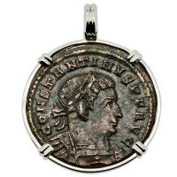 Roman Empire AD 315–317, Constantine and Sol follis in 14k white gold pendant.