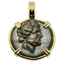 Greek 160-110 BC, God of Medicine Asclepius bronze coin in 14k gold pendant.