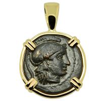 Greek 305- 281 BC, Athena and lion bronze coin in 14k gold pendant.