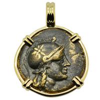 Greek 200-133 BC, Athena and Owl bronze coin in 14k gold pendant.