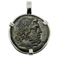Greek 120-70 BC, Zeus and Eagle bronze coin in 14k white gold pendant.