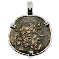 Greek 100-25 BC, Zeus bronze coin in 14k white gold pendant.