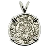 Hungarian dated 1535, Madonna and Child denar coin in 14k white gold pendant. 