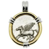 Greek Corinth 400-375 BC, Pegasus and Athena stater in 14k white and yellow gold pendant.