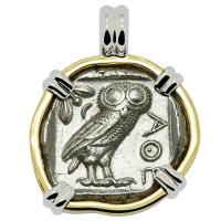 Greek 454-404 BC, Owl and Athena tetradrachm in 14k white and yellow gold pendant.