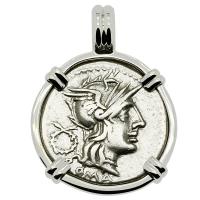 Roman Republic 128 BC, Roma and Victory chariot denarius in 14k white gold pendant. 