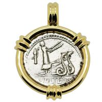Roman Republic 78 BC, Ceres on serpent biga and Bacchus denarius in 14k gold pendant.