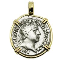 Roman Empire AD 101 - 102, Emperor Trajan and Hercules denarius in 14k gold pendant.