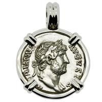 Roman Empire AD 124-128, Hadrian and Virtus denarius in 14k white gold pendant.