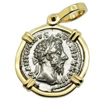 Roman Empire AD 173-174, Marcus Aurelius and trophy denarius in 14k gold pendant.