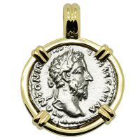 Roman Empire AD 175-176, Marcus Aurelius and Roma denarius in 14k gold pendant.