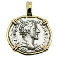 Roman Empire AD 154-155, Marcus Aurelius as Caesar denarius in 14k gold pendant.
