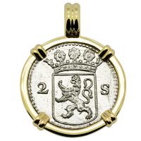 Dutch 2 stuivers dated 1724 in 14k gold pendant, 1725 East Indiaman Shipwreck Norway. 