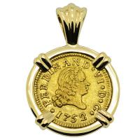 Spanish 1/2 Escudo dated 1752, in 14k gold pendant.