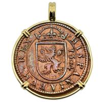 Spanish 8 maravedis dated 1604, in 14k gold pendant.