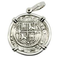 Colonial Spanish Mexico, Johanna and Charles I one real 1555-1571, in 14k white gold pendant.