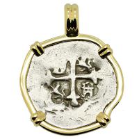 Colonial Spanish Mexico, King Philip IV one real 1621-1665, in 14k gold pendant.